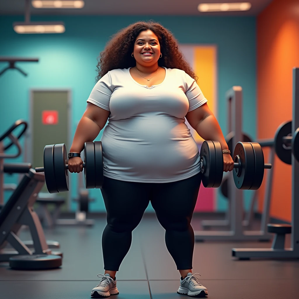 A overweight Girl, white t-shirt, black legging, wear shoes, looking viewer, facing the viewer, hand lifting weights, trying to loose weight, back ground at many colored gym.