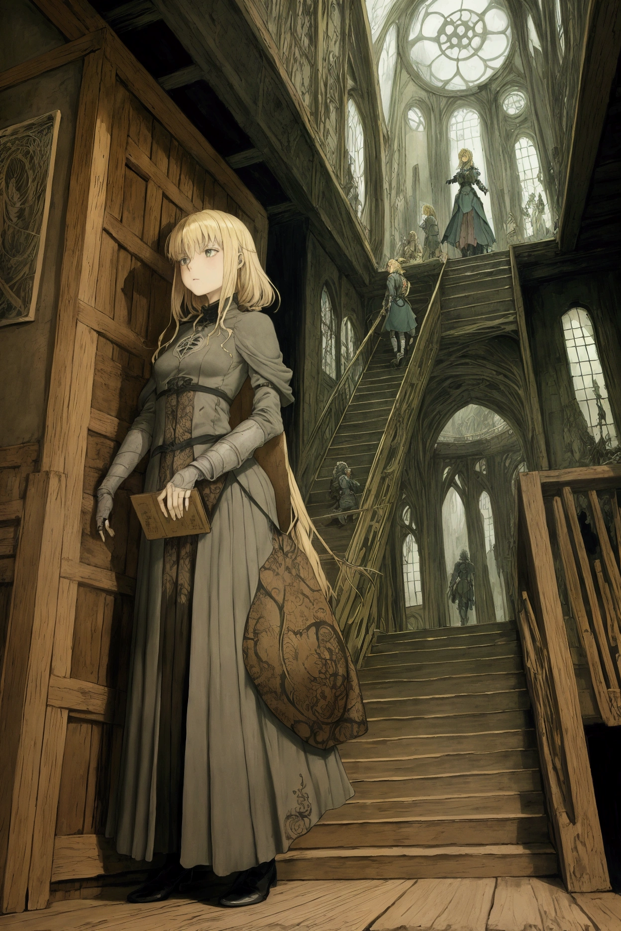 Arthur Rackham, Peter Gric, Fritz Janschka, Moto Hagio, Moritz Retzsch, Surrealism, wonder, strange, bizarre, fantasy, Sci-fi, Japanese anime, spiraling glass tower, reaching from the underground world to the heavens, beautiful blonde miniskirt girl Alice climbing the stairs, perfect voluminous body, detailed masterpiece hand coloured line drawings