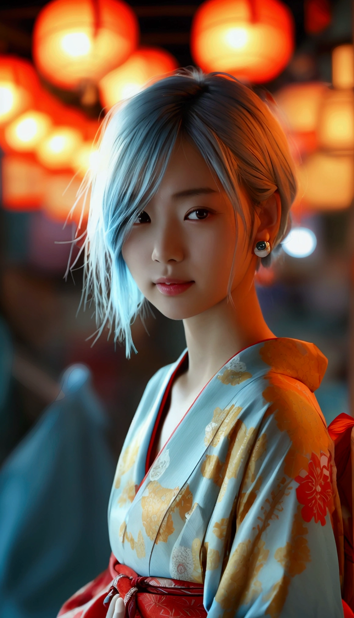 (8k, Photorealistic: 1.4 , RAW Photos, Highest quality: 1.4, detailed),A Japanese idol-like beautiful girl,1 person,1,Short Bob,(Silver Hair),Hang your hair over your ears,Large, clear gray eyes,Long eyelashes,(piercings(small)),(Lip gloss),lips(Plump,glossy),thin long neck,Thin and delicate shoulders,(yukata(Traditional Japanese cool dress(Long length,Cotton Fabric,Pale light blue,small金魚の柄))),Thick blue band,Bunko Musubi,(She is wearing red-thonged geta sandals on her bare feet.),(A small drawstring bag in the right hand(Traditional Japanese Pochette)Lowering),Night Festival,Front view,Looking at the camera and smiling sweetly,(Full body shot portrait: 1.4)