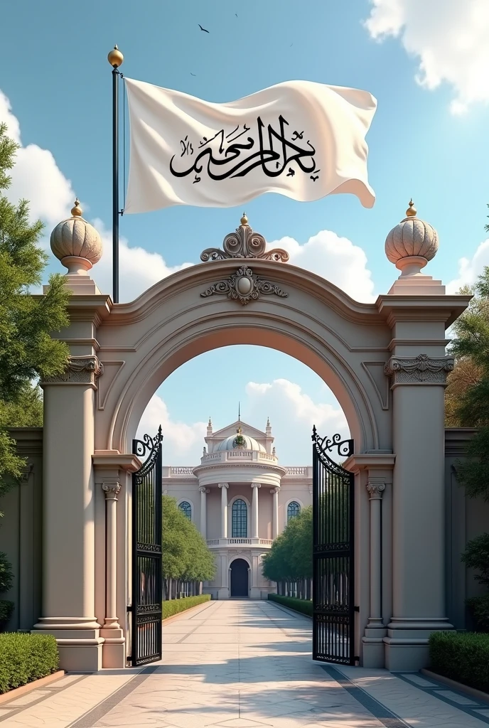 An image of a gate of a university horizontally with a white flag on top of it and the flag saying La Allaha illa Allah Muhammad Rasool Allah