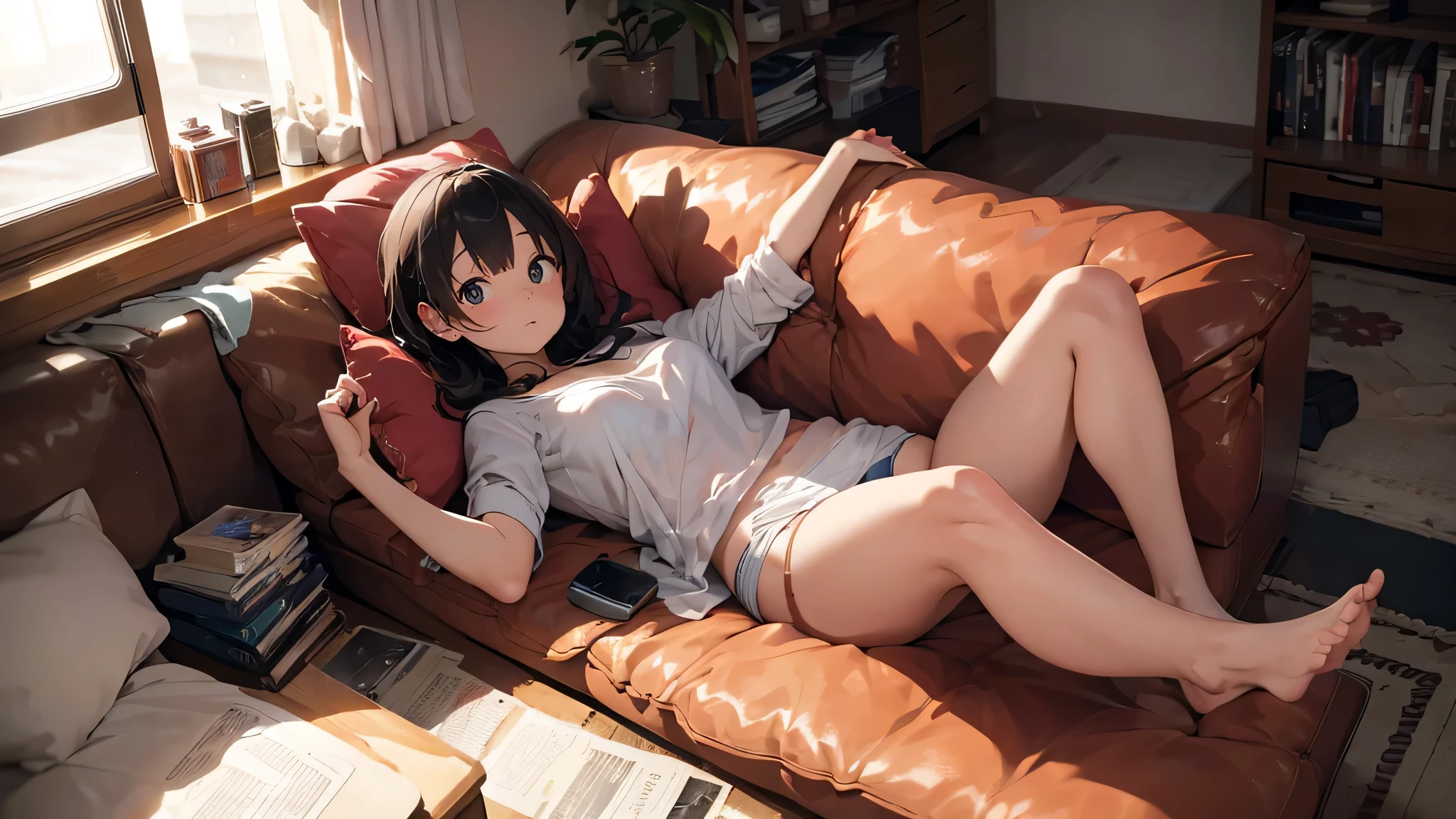 Highest quality, (alone:1.1),Drunk young woman, In underwear,Lying on the sofa,Discarded clothes are scattered around the sofa., bird's-eye view, from a little distance, Red face, Eyes are unfocused, laughing, Feeling elevated, Highest quality,In underwear with gorgeous details, There are empty liquor cans scattered around,Sleeping face down, Half-open eyes, The curves of her breasts are impressive,sensuous,