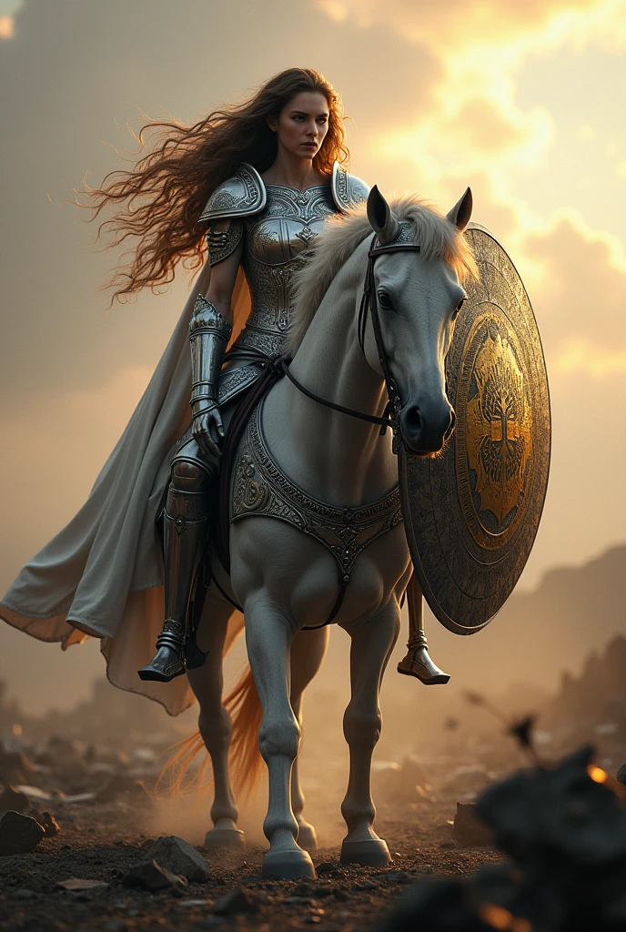 A majestic female centaur, adorned in intricately engraved silver armor, stands valiantly in the midst of a ravaged battlefield, her shield emblazoned with a golden emblem, its surface battered and worn, as she gazes fiercely into the distance, her long, curly hair flowing in the wind, with a subtle warm glow of sunset casting a dramatic light on the scene.