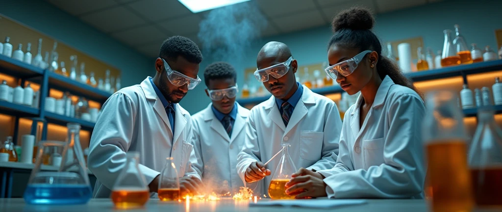 a detailed chemistry laboratory in an Angolan school, highly realistic, 1 male teacher,1 female teacher,3 students, modern equipment, complex chemical experiments, periodic table on the wall, beakers, test tubes, safety goggles, white lab coats, intricate details, HDR, 8K, photorealistic, cinematic lighting, dramatic shadows, warm color tones