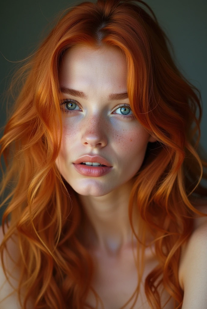 An enchantingly fiery-haired 1 Russian model poses with captivating grace and poise. The image, whether a photograph or portrait, exudes a sense of youthful beauty and sophistication. Her striking ginger locks cascade in waves, framing a porcelain complexion and piercing, intelligent eyes. Each feature is meticulously crafted, showcasing flawless skin and elegant bone structure. The high-resolution image captures every detail, from the freckles on her nose to the delicate curve of her lips. The overall composition is nothing short of exquisite, highlighting the model's natural allure and undeniable charm.