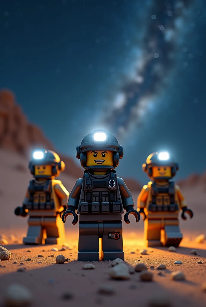 Photorealism 1.4 realistic realism high detailed definition group of Malaysia Lego minifig walking in the desert full of tactical gear headlamp night mode sky with milky way lowlights