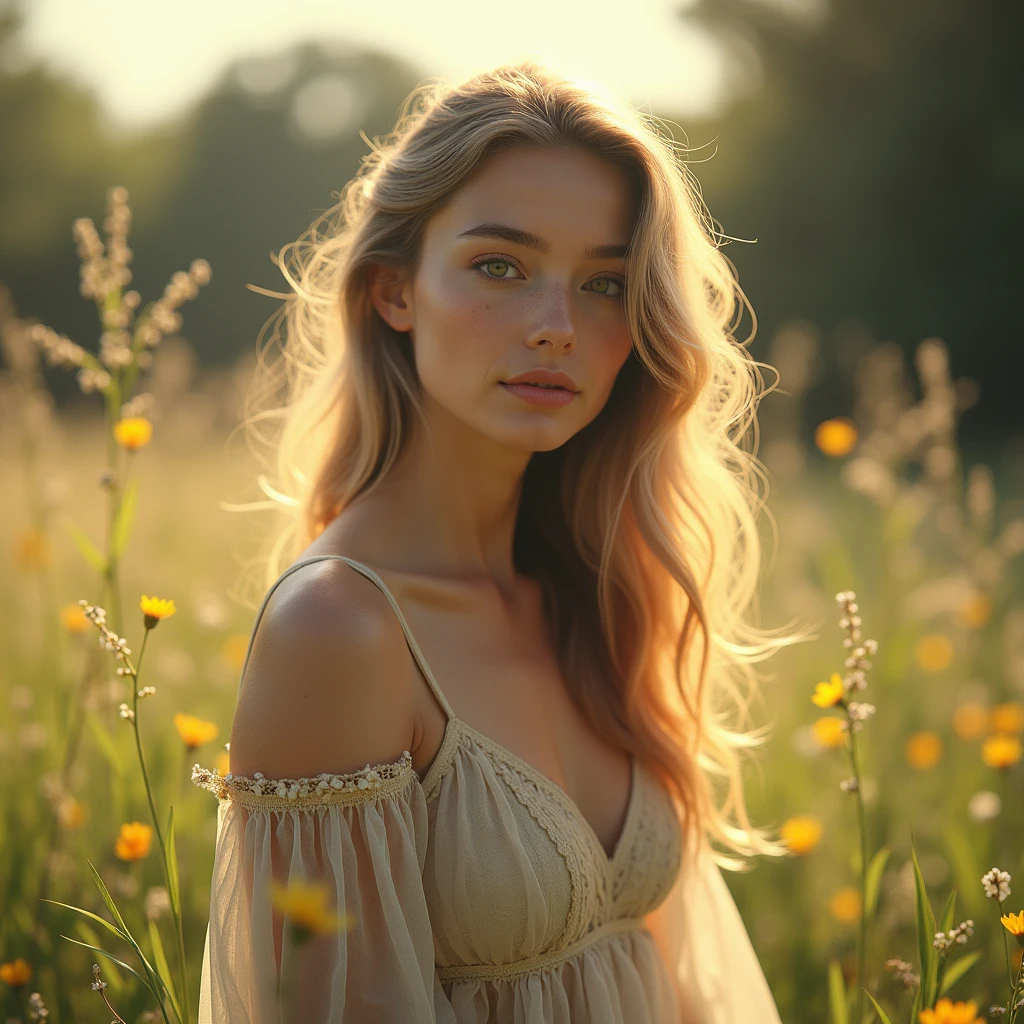a thin, beautiful young woman wearing a delicate dress, detailed face, long flowing hair, elegant posture, serene expression, sunlit meadow background, (best quality, masterpiece:1.2), ultra-detailed, (realistic, photo-realistic:1.37), natural lighting, warm color tones, intricate details, cinematic composition, ethereal, graceful, delicate, elegant, photorealistic, 4k, 8k, highres