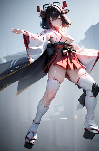 (highest quality)), ((masterpiece)), (very detailed: 1.3), 3d, {(japanese young girl)}, white theme, (ware a scarlet hakama:1.2), wear shrine maiden anime costume, wears a futuristic Gundam mecha,(Gundam), with headgear, with v-fin , armored shoulders,armored under arms, armored under legs, (holding a Japanese sword in the right hand:1.2), multilayer textureperfect proportions, octane rendering, duotone lighting, Low ISO, wide aperture, White balance, Rule of thirds, ultra HD16k, HDR (High Dynamic Range), Ray Tracing, nvidia RTX, Super Resolution, Subsurface Scattering, PBR Texturing, Post Processing, Anisotropic Filtering, Depth of Field, Maximum Clarity and Clarity, High efficiency subpixel, subpixel convolution, particles of light, light scattered, Tyndall effect, full body:1.5, battle pose, cute, (cute:1.2), (bob cut:1.3),Braid, Black Hair, Thick eyebrows, Light-colored irises, Big, bright black eyes, Long eyelashes, Small, light-colored, natural lips, (Average face of Japanese idols), (The uniquely Japanese childlike face:1.3), (baby face), Wide forehead:1.2, Plump Cheeks, Small jaw, visible side boob, broken streets, Broken City,looking at viewer,Focus on the eyes