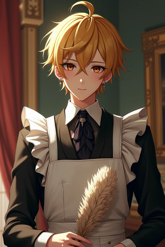 The maid guy is blond with dark brown eyes with many ear piercings with small earrings in his hands a feather duster