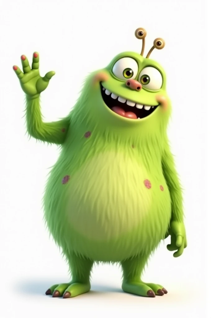 A cute green monster waves her hand. Make background color all white