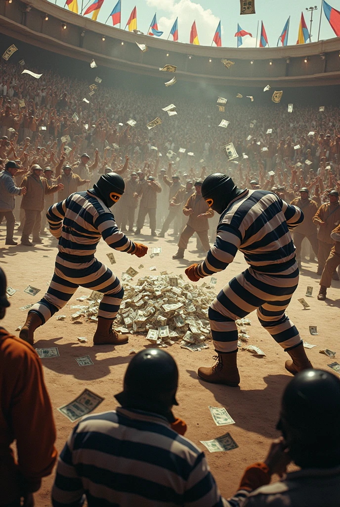 picture of 4 fat thieves wearing masks in white clothes with black stripes like prison uniforms who are fighting fiercely for money in the middle of a round arena ,some were hit and fell and watched by the cheering crowd.
around the arena colorful flags are flying.
the audience shouted while throwing banknotes