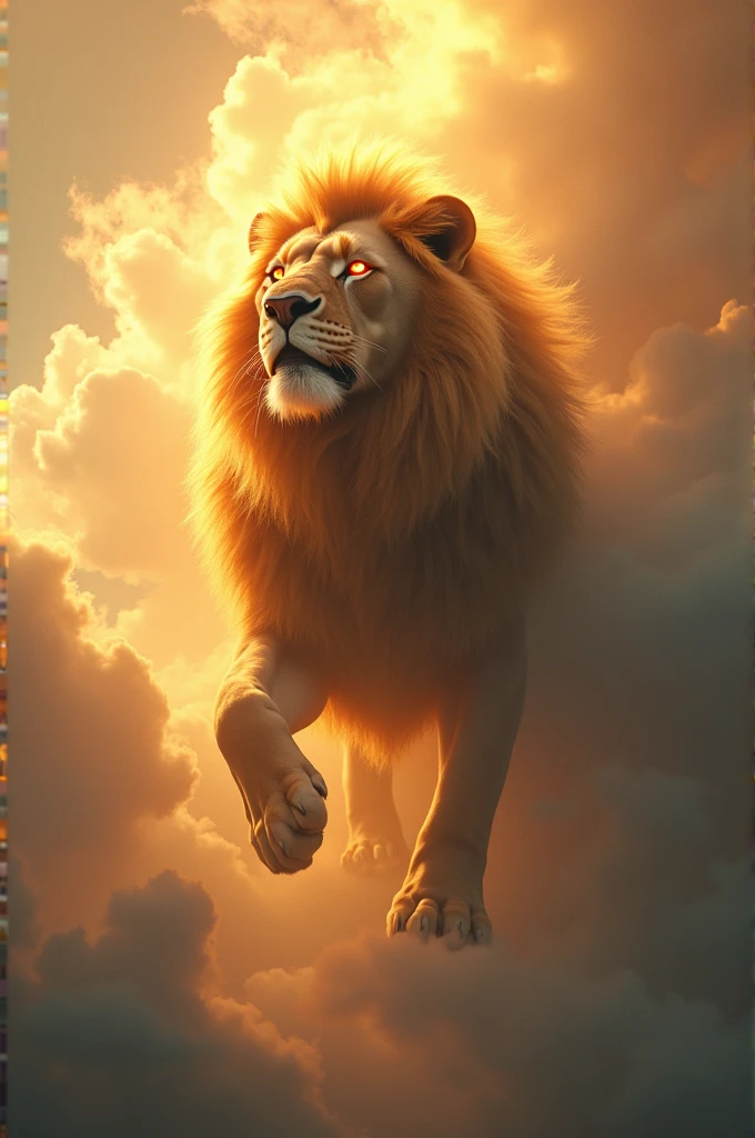 A colossal and majestic lion descends from the sky enveloped in luminous clouds. Its golden fur shines with a heavenly light, and his eyes, that burn like flames, contemplate the world with authority and power. As he descends, the earth trembles gently, and a sense of peace and reverence permeates the environment.