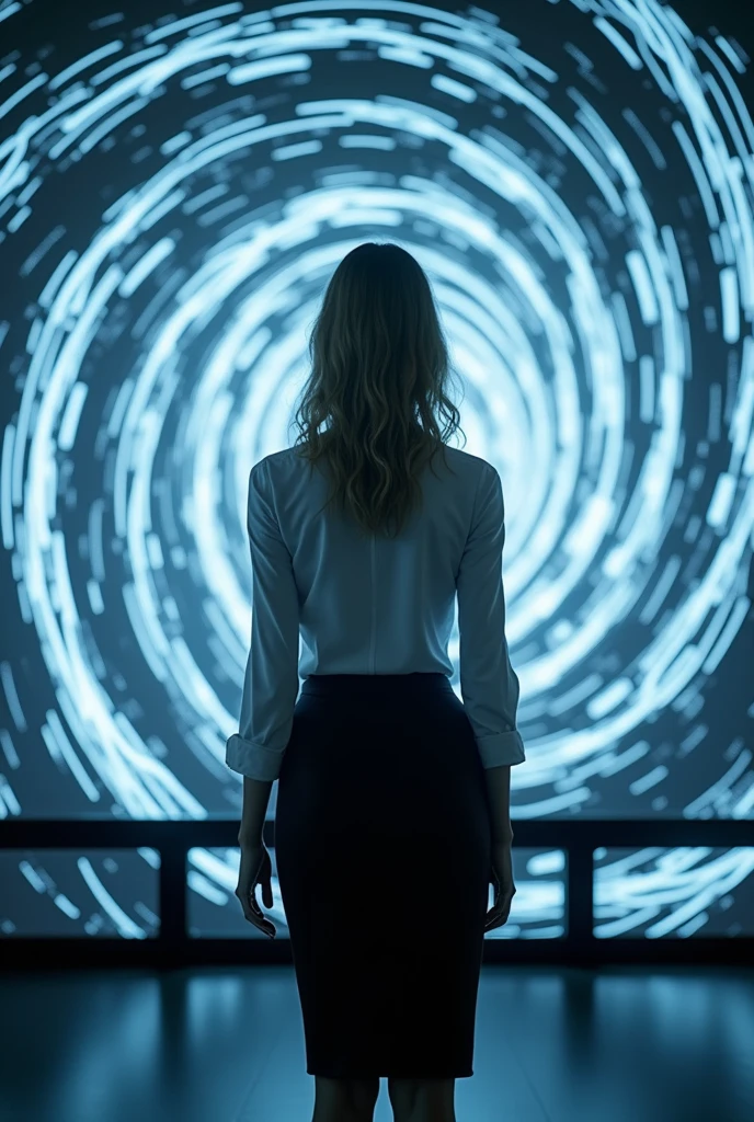 sexy woman, white shirt, pencil skirt, standing, in front of a computer screen depicting a spiral, she is hypnotized, her eyes become spirals, she looks at the screen
