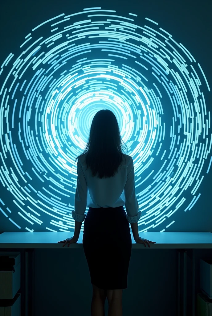sexy woman, white shirt, pencil skirt, standing, in front of a computer screen depicting a spiral, she is hypnotized, her eyes become spirals, she looks at the screen