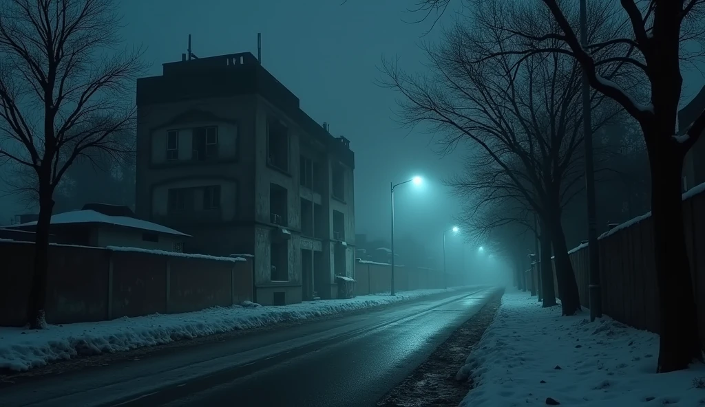 "A deserted street in Lahore, Pakistan, on a cold winter night. The street is eerily silent, with dim streetlights casting long shadows across the empty road. In the background stands an old, dilapidated building, its dark and worn exterior giving off a menacing vibe. The windows are broken, and the foggy night air adds a chilling atmosphere, making the building look even more haunting. The scene is enveloped in darkness and suspense, evoking a sense of dread and unease.