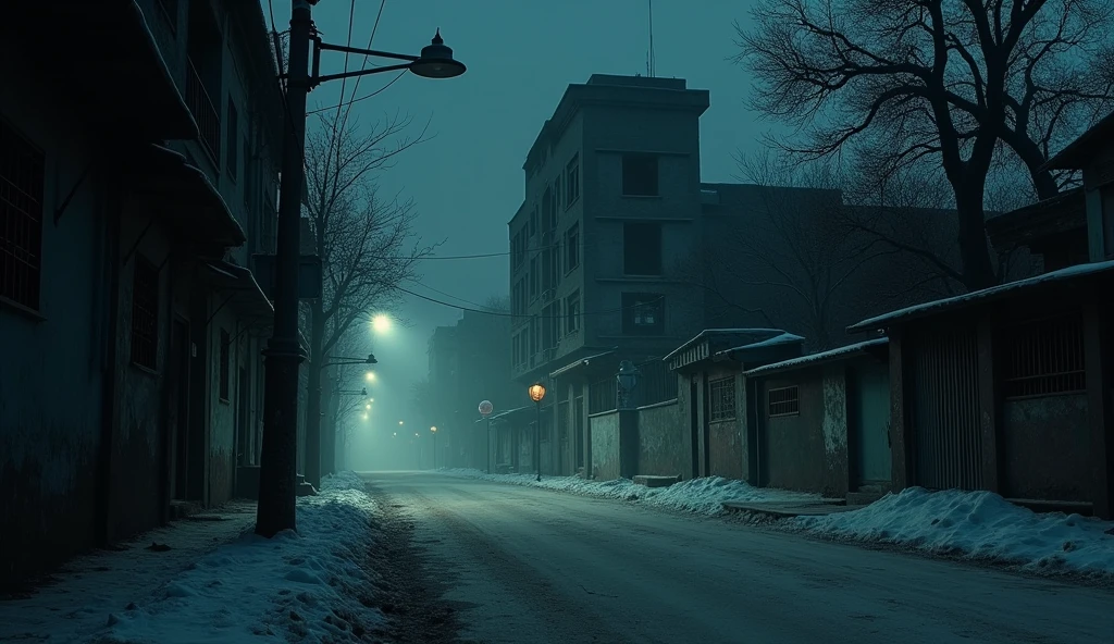 
"A deserted street in Lahore, Pakistan, on a cold winter night. The street is eerily silent, with dim streetlights casting long shadows across the empty road. In the background stands an old, dilapidated building, its dark and worn exterior giving off a menacing vibe. The windows are broken, and the foggy night air adds a chilling atmosphere, making the building look even more haunting. The scene is enveloped in darkness and suspense, evoking a sense of dread and unease.