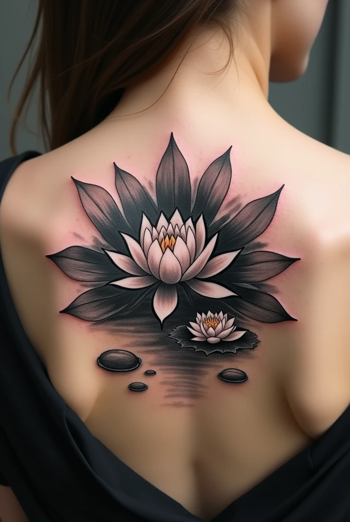 Lotus flower tattoo in black made as if it were a brush and with other smaller lotus flowers as if they were in a lake and mystical elements 