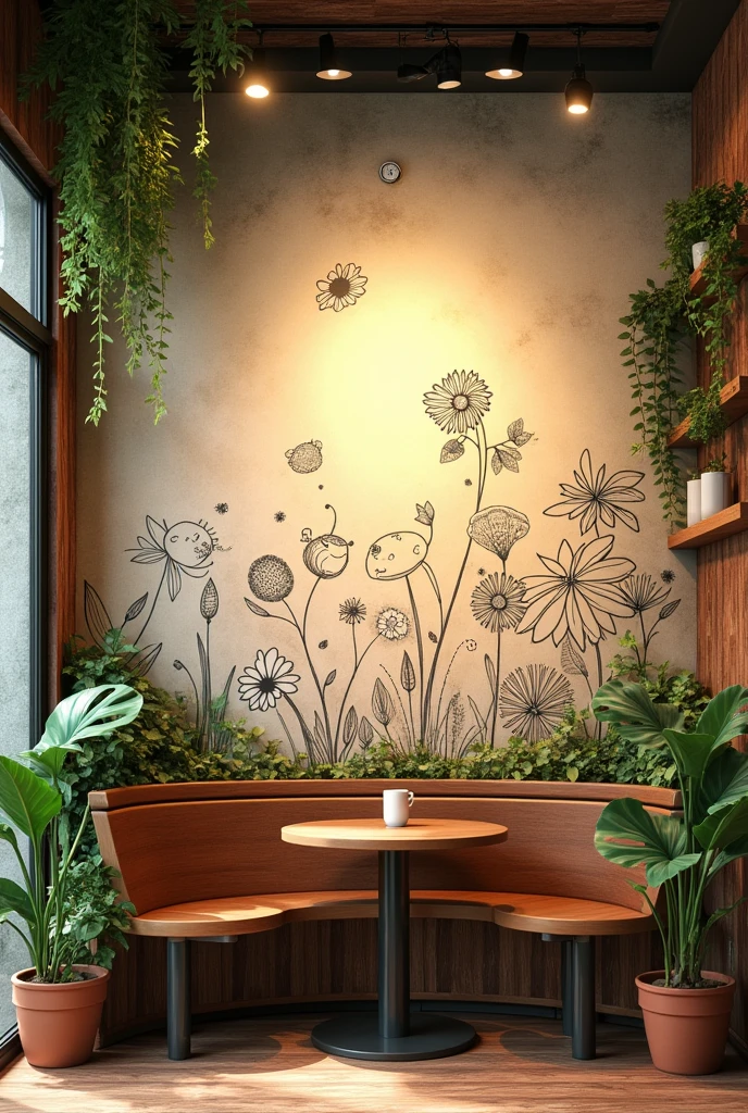 Coffe shop wall backside with char and plants
