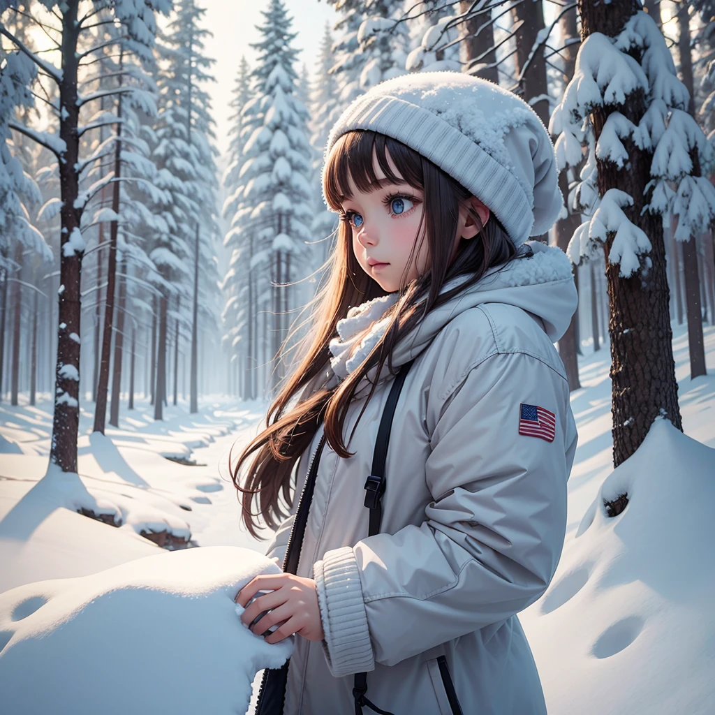 A girl in the middle of a winter forest watching the snow fall