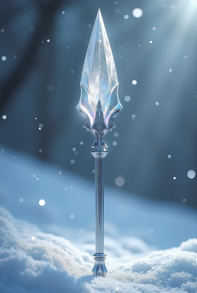 imagine a majestic, crystalline crystal lance with a slender, elegantly faceted shaft that refracts light into tiny, shimmering rainbow hues, and a gleaming, precision-crafted silver tip that seems to focus the light into a single, piercing point, adorned with delicate, swirling etchings that evoke the beauty of snowflakes, set against a serene, snowy background that highlights the lance's ethereal, crystalline beauty.
