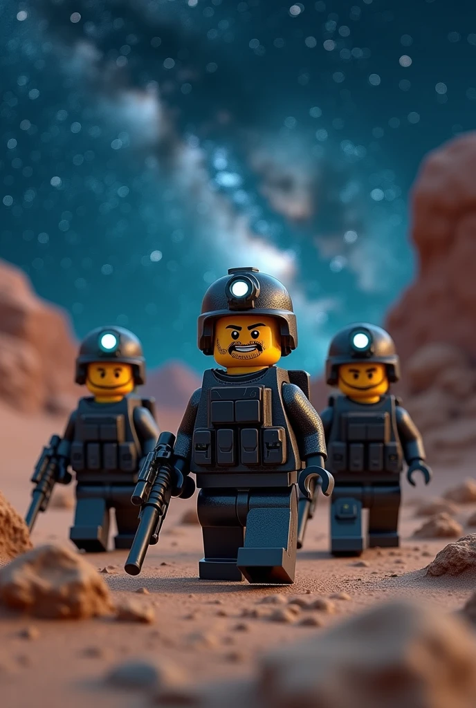 Photorealism 1.4 realistic realism high detailed definition group of Malaysia Lego minifig walking in the desert full of tactical gear weapon headlamp night mode sky with milky way lowlights