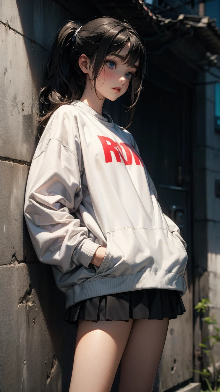 Angle from below, A woman with her hands in her pockets, Ash grey ponytail, Street Fashion, mini skirt, Graffitied concrete wall, Anime Style, Digital Painting, (masterpiece, High resolution, Highest quality)
