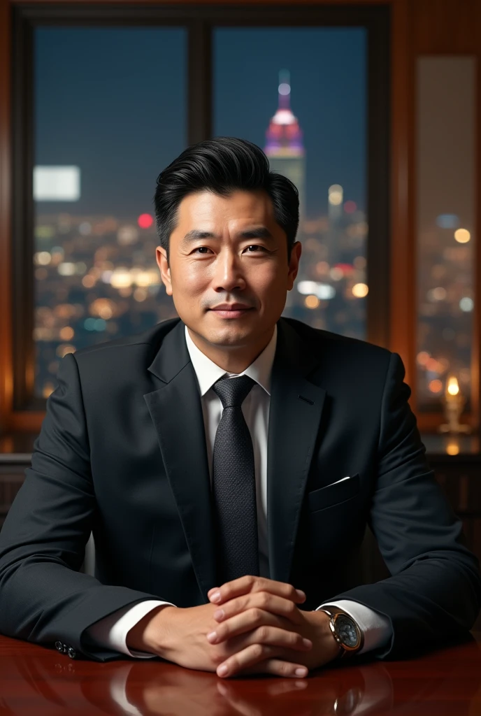 Create a hyper-realistic image of a man in his early 30s, of East Asian descent, with a large and solid build. He has a rounded face with strong, defined cheekbones and a prominent jawline. His physique is robust and powerful, but he is not overly muscular—more of a naturally strong and solid frame. His skin is slightly tanned, giving him a healthy, vigorous appearance. He has expressive, deep-set eyes that convey both intensity and kindness, framed by thick eyebrows. His short, dark hair is neatly styled, adding to his polished, authoritative look. The man is depicted as a highly successful businessman, dressed in a luxurious, well-tailored dark suit that enhances his commanding presence. He is sitting confidently behind a large, elegant wooden desk in a grand office. The office features large windows that provide a stunning nighttime view of a vibrant city skyline. The atmosphere is one of power and success, with the man exuding confidence and authority, his strong features and imposing yet approachable physique adding to the commanding aura he projects.