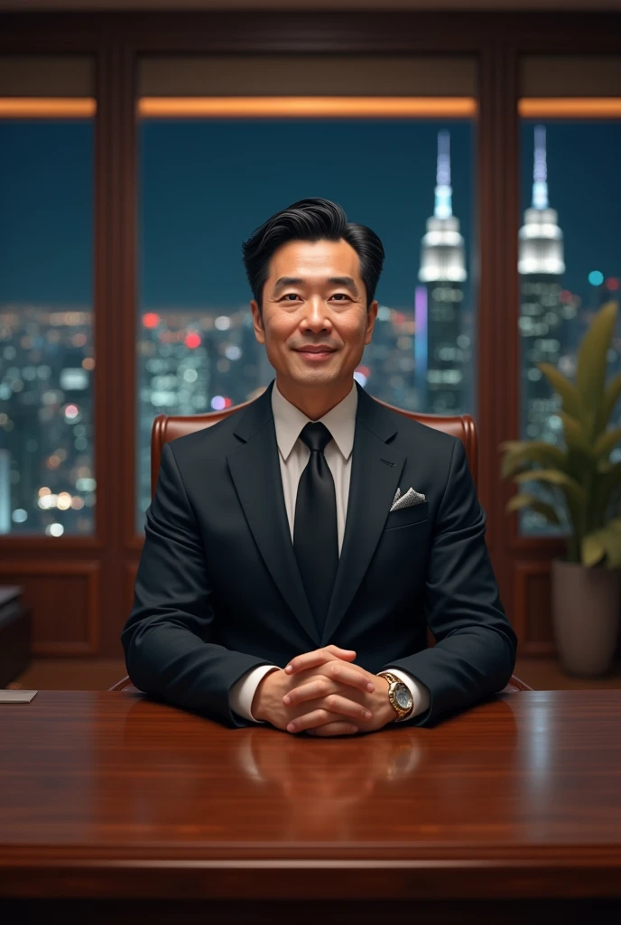 Create a hyper-realistic image of a man in his early 30s, of East Asian descent, with a large and solid build. He has a rounded face with strong, defined cheekbones and a prominent jawline. His physique is robust and powerful, but he is not overly muscular—more of a naturally strong and solid frame. His skin is slightly tanned, giving him a healthy, vigorous appearance. He has expressive, deep-set eyes that convey both intensity and kindness, framed by thick eyebrows. His short, dark hair is neatly styled, adding to his polished, authoritative look. The man is depicted as a highly successful businessman, dressed in a luxurious, well-tailored dark suit that enhances his commanding presence. He is sitting confidently behind a large, elegant wooden desk in a grand office. The office features large windows that provide a stunning nighttime view of a vibrant city skyline. The atmosphere is one of power and success, with the man exuding confidence and authority, his strong features and imposing yet approachable physique adding to the commanding aura he projects.
