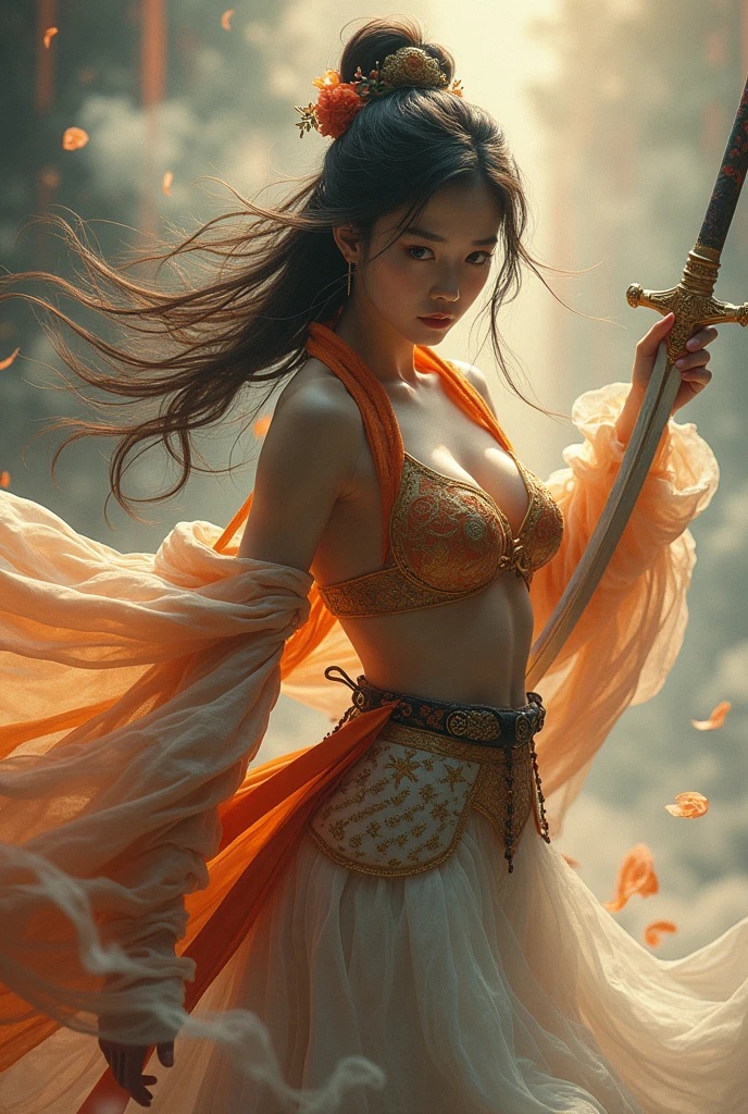 1girl, Dunhuang flying costume, messy long hair, ji jian, Dunhuang style, a lot of smoke, exquisite, elegant colors, (realistic, high detail, masterpiece, super detailed, dynamic angle, mural background, ink, amazing, movie lighting, illustration, chiaroscuro, backlight, god ray, holland, best quality, best quality, heavily sagging huge breasts,