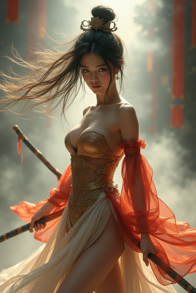 1girl, Dunhuang flying costume, messy long hair, ji jian, Dunhuang style, a lot of smoke, exquisite, elegant colors, (realistic, high detail, masterpiece, super detailed, dynamic angle, mural background, ink, amazing, movie lighting, illustration, chiaroscuro, backlight, god ray, holland, best quality, best quality, heavily sagging huge breasts,