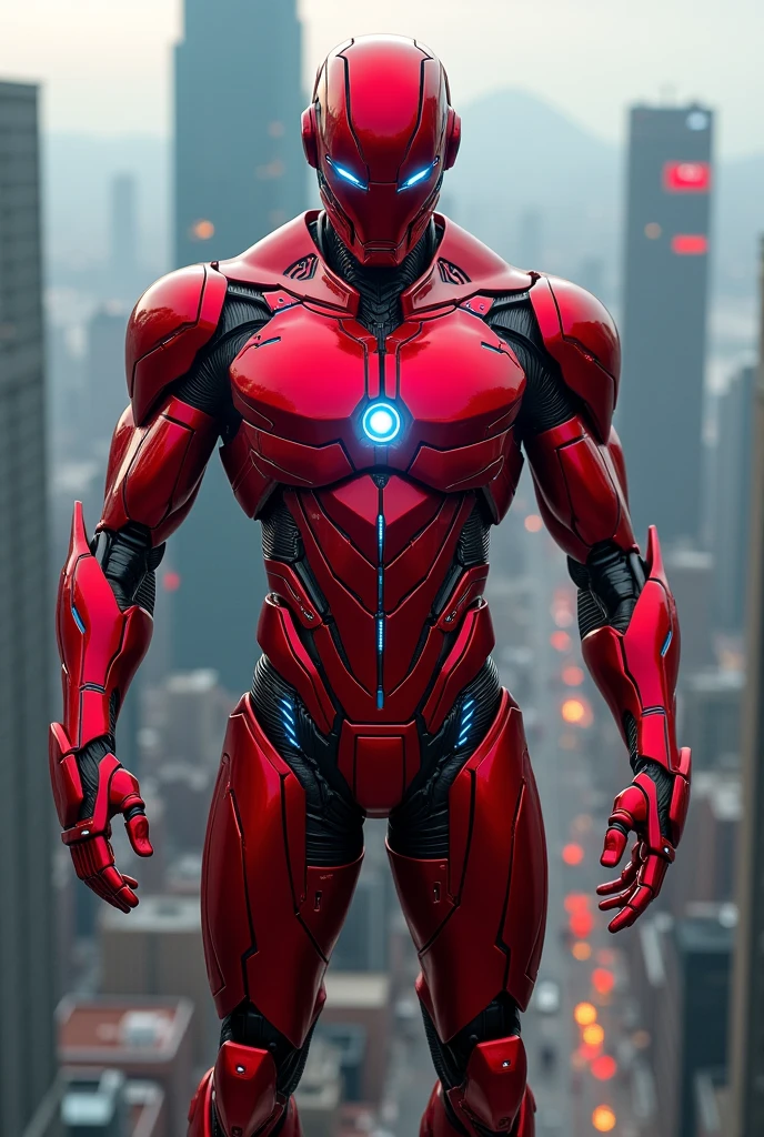 Make a ai superhero, metalic red