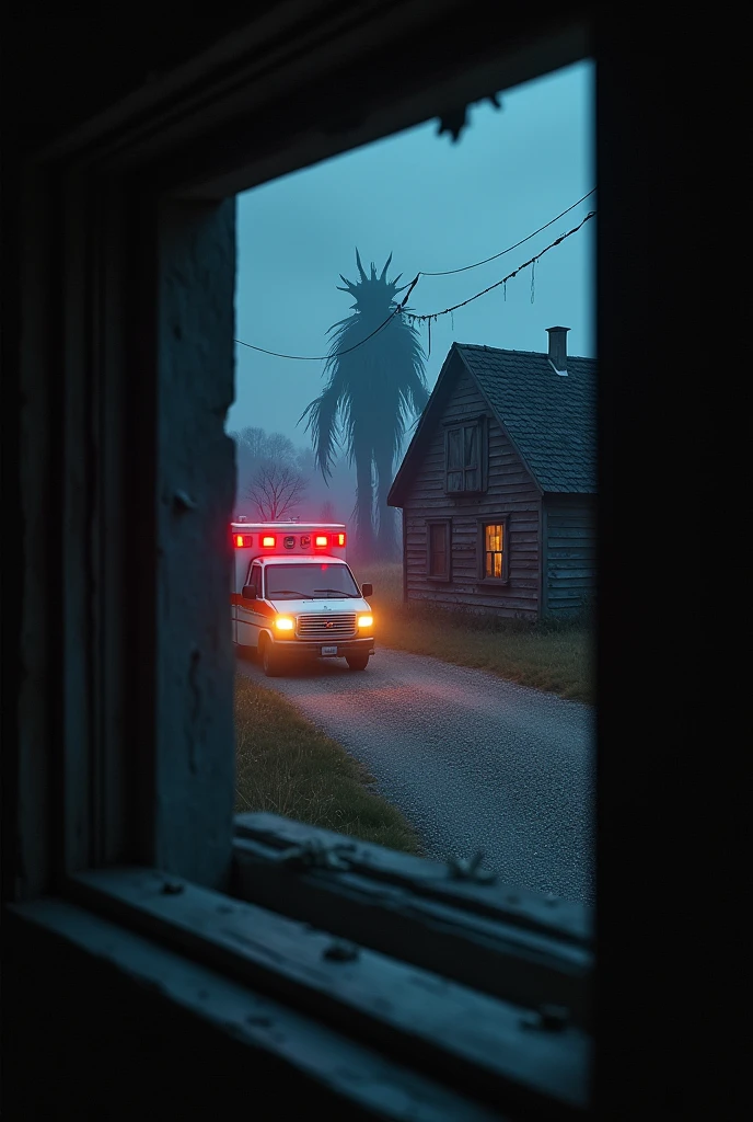 The image is seen from inside the window of the house, the supernatural creature, the monster, is following behind the ambulance passing in front of the village house at night, the wooden house