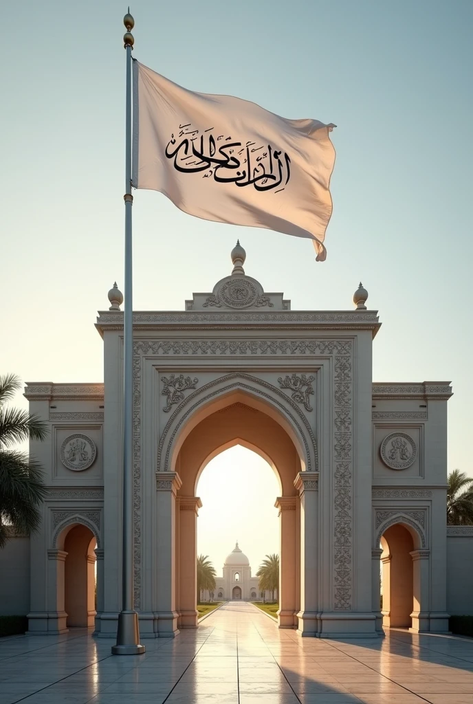 An image of a gate of a university with a white flag on top of it and the flag saying &quot;La Allah Il Allah Muhammad Rasul Allah&quot;