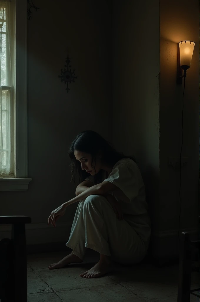 The women siting in a dark room corner and his crying background like a drak room with some warm Yellowstone light