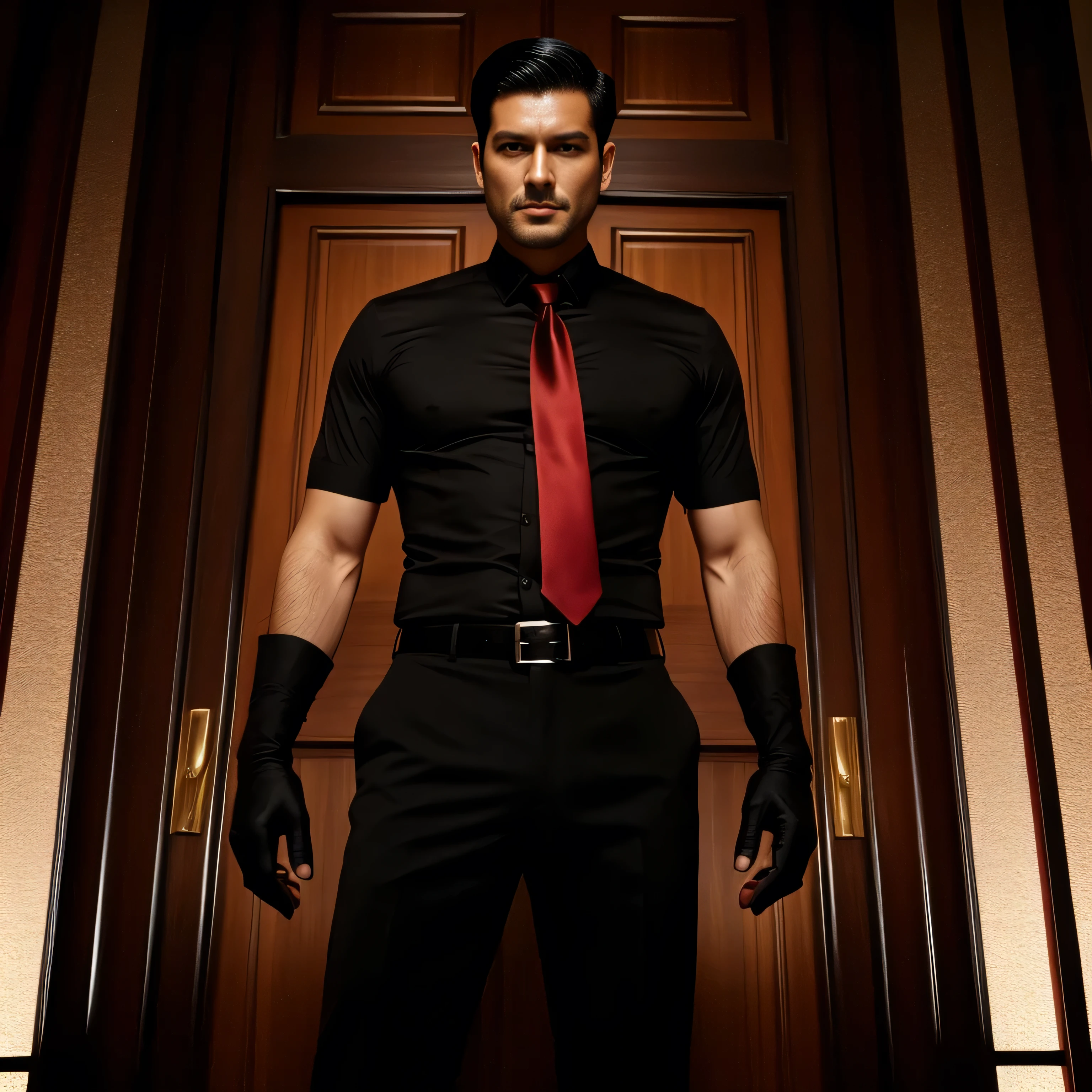 3,One Man,Tall handsome man、Black Shirt、Red tie、Black gloves、Mansion、In front of the gate、Lookout ,Black Hair、Very short hair、undercut、Asian Face The crotch area of your trousers is bulging Seen from below