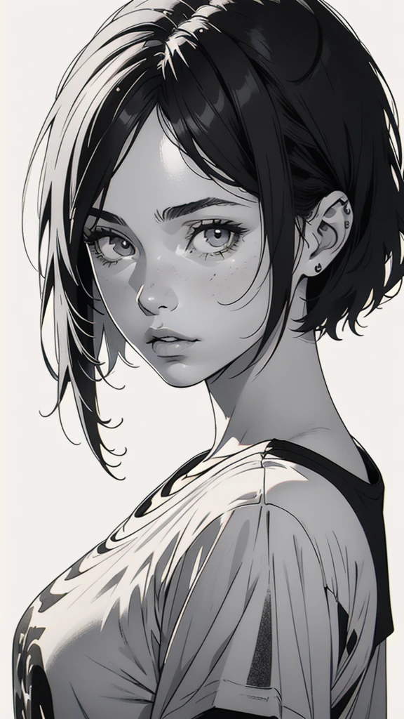 1 boyish girl, solo, sharp eyes, monochrome, greyscale, shoulder length black bangs hair, portrait, (blank white T-shirt), Thin eyebrows, closed mouth, looking at viewer, detailed lips, hatching \(texture\), without makeup, upper body, (best illustration), (best quality), (very detailed), (masterpiece), expressionless,