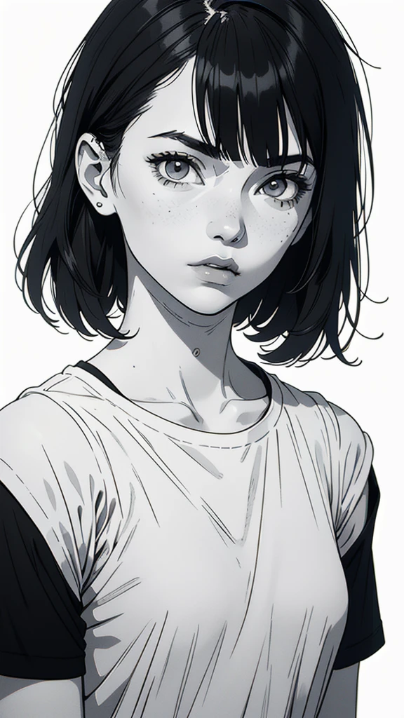 1 boyish girl, solo, sharp eyes, monochrome, greyscale, shoulder length black bangs hair, portrait, (blank white T-shirt), Thin eyebrows, closed mouth, looking at viewer, detailed lips, hatching \(texture\), without makeup, upper body, (best illustration), (best quality), (very detailed), (masterpiece), expressionless,