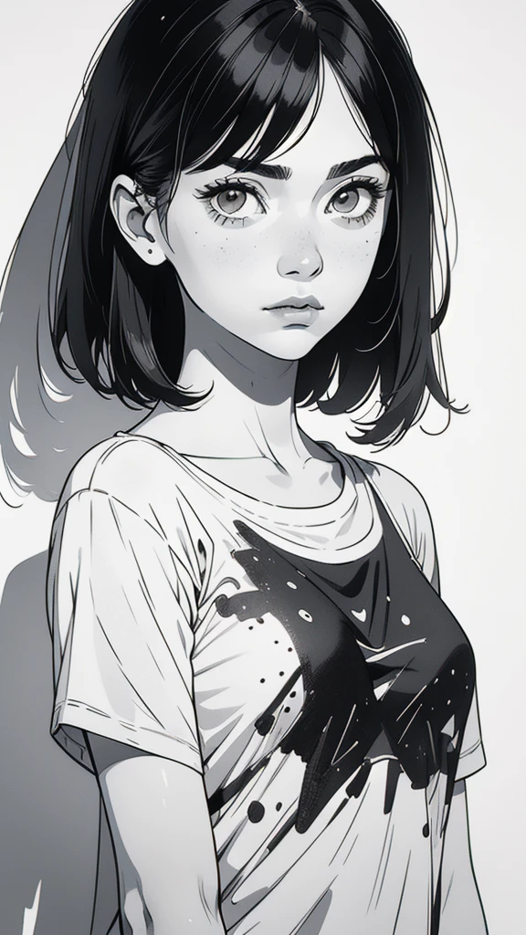 1 boyish girl, solo, sharp eyes, monochrome, greyscale, shoulder length black bangs hair, portrait, (blank white T-shirt), Thin eyebrows, closed mouth, looking at viewer, detailed lips, hatching \(texture\), without makeup, upper body, (best illustration), (best quality), (very detailed), (masterpiece), expressionless,