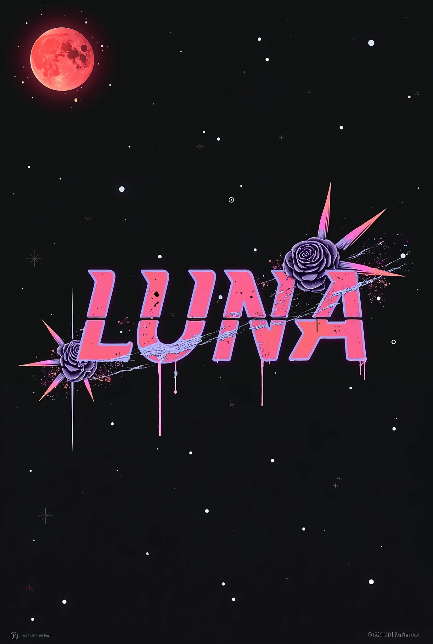 High resolution, red moon that bleeds, logo spelling swiftly “Luna” cool, Jdm theme, anime theme, Cyberpunk vibe name spelling, brand logo, logo for tshirt, brand logo “LUNA”, neon vibes, acid trip vibes, acid trip, shooting stars, acid trip inside “LUNA”, acid trip, hallucinations inside “LUNA”, Waves of hallucinations, splash, waves of futuristic hallucinations, red moon hallucinations, stars in the background, roses inside “LUNA”, ghosts hallucinations, purple,