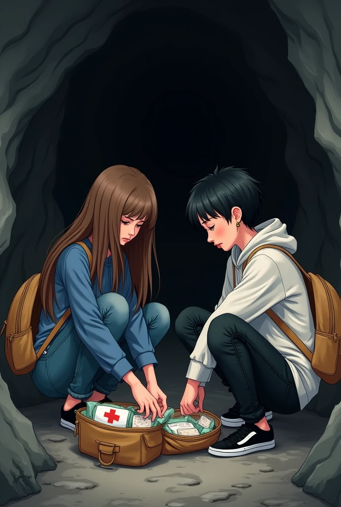 2 girls, one have long brown hair wearing blue shirt and jeans, other one have short black hair wearing white hoodie and black jean. both wearing black sneakers and carrying light brown backpack. Bringing med kit and bandages out from their backpacks, sitting down. Inside a dark cave. 2D semi realistic art style.