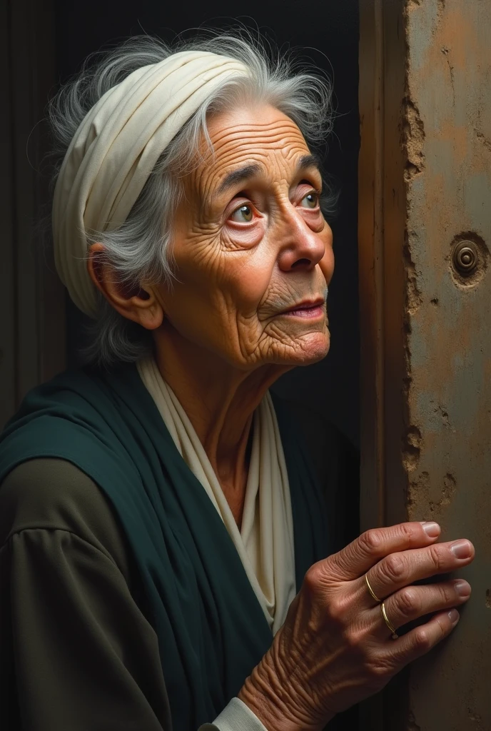 Visual: The elderly woman, with a look of amazement and reverence, gazes at the Prophet Muhammad (PBUH) with deep admiration and realization of his noble character.