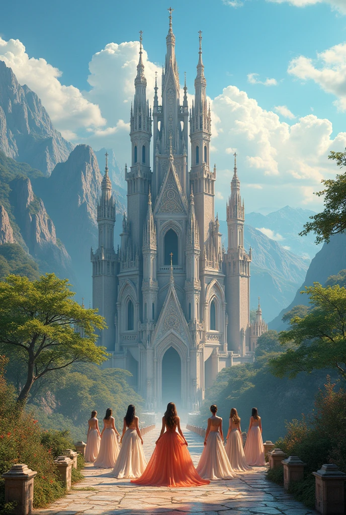 a beautiful group of royal students in a magnificent fantasy institute, high tall architecture surrounded by 5 detailed temples, with a scenic view of mountains, blue sky, clouds, and trees, the students wearing shining, glistening dresses, (best quality,4k,8k,highres,masterpiece:1.2),ultra-detailed,(realistic,photorealistic,photo-realistic:1.37),detailed fantasy architecture, beautiful shining scenery, dramatic lighting, intricate details, vibrant colors