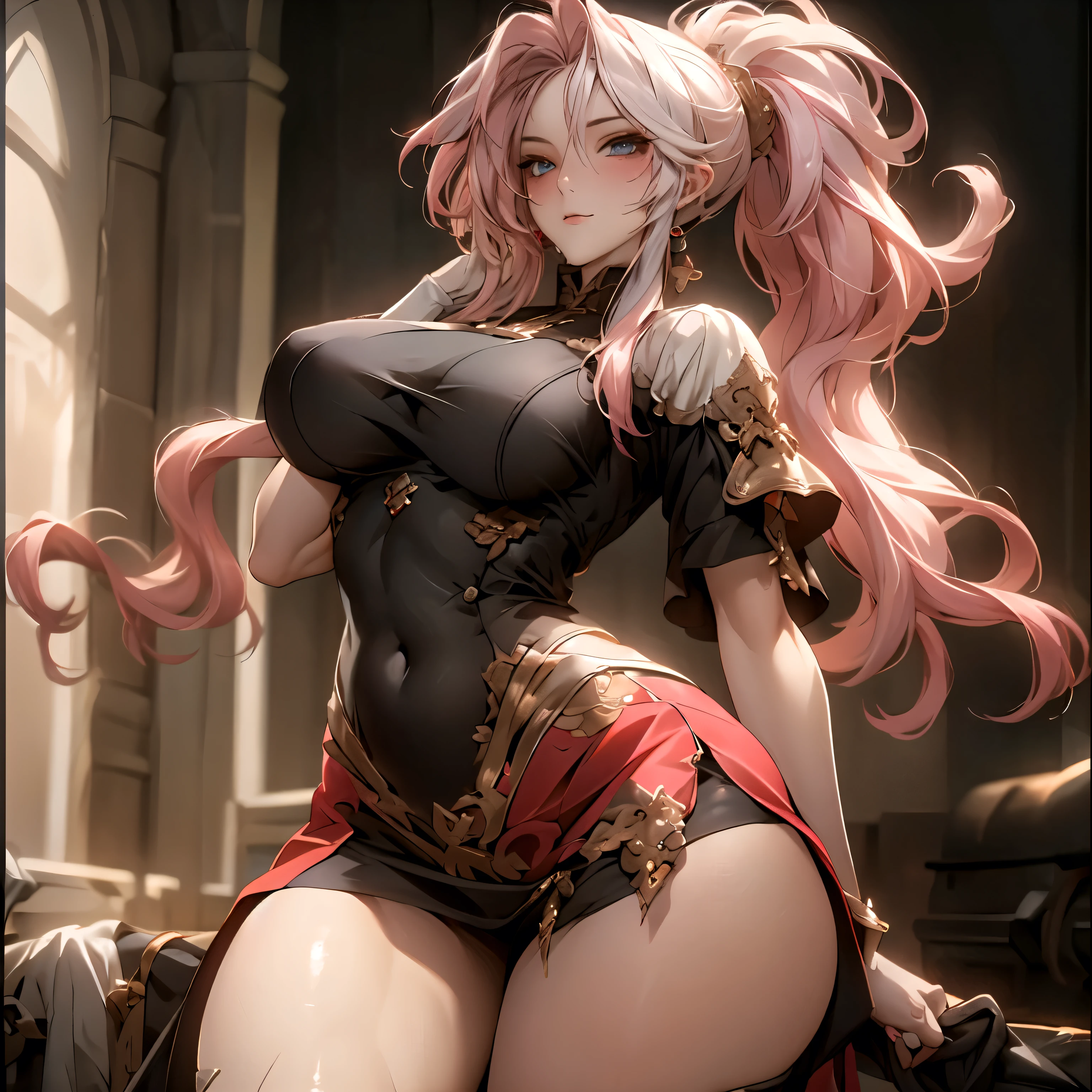 (best quality)), ((Masterpiece)), (details:1.4), 3d, HDR (high dynamic range), an image of a beautiful cyberpunk female, fantasy, medieval, Cyberpunk, Sleek style, pink hair, High ponytail, hips up, Beautiful White eyes, จมูกโด่ง, ปากแดง, หน้าอกใหญ่, nvidia RTX, PBR surface, After processing, Anisotropic filtration,depth of field, Maximum clarity and clarity, multi-layered surface, Subsurface scattering, perfect proportions, 8K raw files, ultra detailed, Perfect proportions, volumetric lighting, soft lighting, Holy Paldin, Heavy Golden Armor, Black dress, intricate Silver embroidery, glossy skin, Castle Background, jewely, ต่างหู, mini red skirt, glove,
