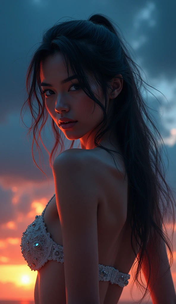 A high-quality, sharp-focus photo set in a exotic location setting, featuring a BadDream,detailed eyes and low body fat percentage, all highlighted by cinematic lighting. The highly detailed full body photo captures her in an epic pose against a night sky background, reminiscent of art by Charlie Bowater. The scene is an extremely detailed oil painting with glow effects, divine rays, and a hand-painted render in 8k resolution, created with Octane Render, Cinema 4D, and Blender. The dark, atmospheric 4k ultra-detailed image is cinematic and sensual, with a large depth of field, making it a masterpiece. The colors are vivid, and the hyper-realistic CG Unity 8k wallpaper is trending on ArtStation and CGSociety, showcasing high detail and dramatic flair.ArsMJStyle, dnddarkestfantasy -- ar 9:16 , -- Chaos 100,BadDream