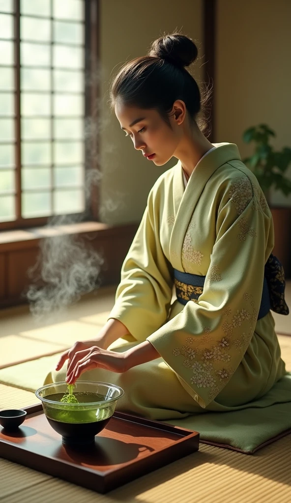 Matcha, traditional Japanese tea ceremony, kimono, tatami,
