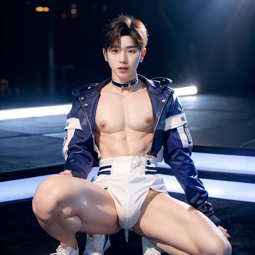 Korean handsome and handsome male idol,20 years old, Small penis exposure,Wearing a white harness, Kneel down, Exposing the skin, Pretty legs, Pretty Man, Adonis, thin arms, breast exposure,long sleeves, selling oneself, During the exposure show stage performance, Erotic Idol, Mating, Fascinating, attractive, armpit exposure, hair, type, expensive face and body