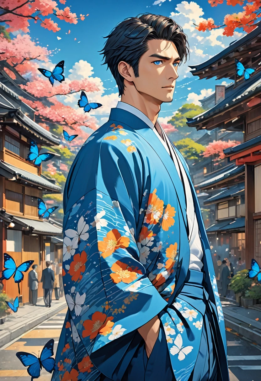 score up_9,score up_8,score up_7,source_anime,masterpiece,best quality,super fine illustration,super detailed,8k,Man,solo,30yo,(sharp eyes:1.3),(suits in kimono:1.3),colored blue butterfly effect,standing,cool,retoro modern,BREAK in modern city,detailed background,beautiful background