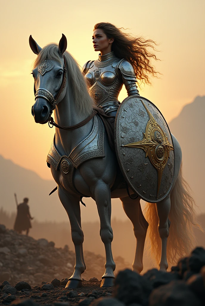 A majestic female centaur(mythical creature head and torso of human, body of a horse), adorned in intricately engraved silver armor, stands valiantly in the midst of a ravaged battlefield, her shield emblazoned with a golden emblem, its surface battered and worn, as she gazes fiercely into the distance, her long, curly hair flowing in the wind, with a subtle warm glow of sunset casting a dramatic light on the scene.