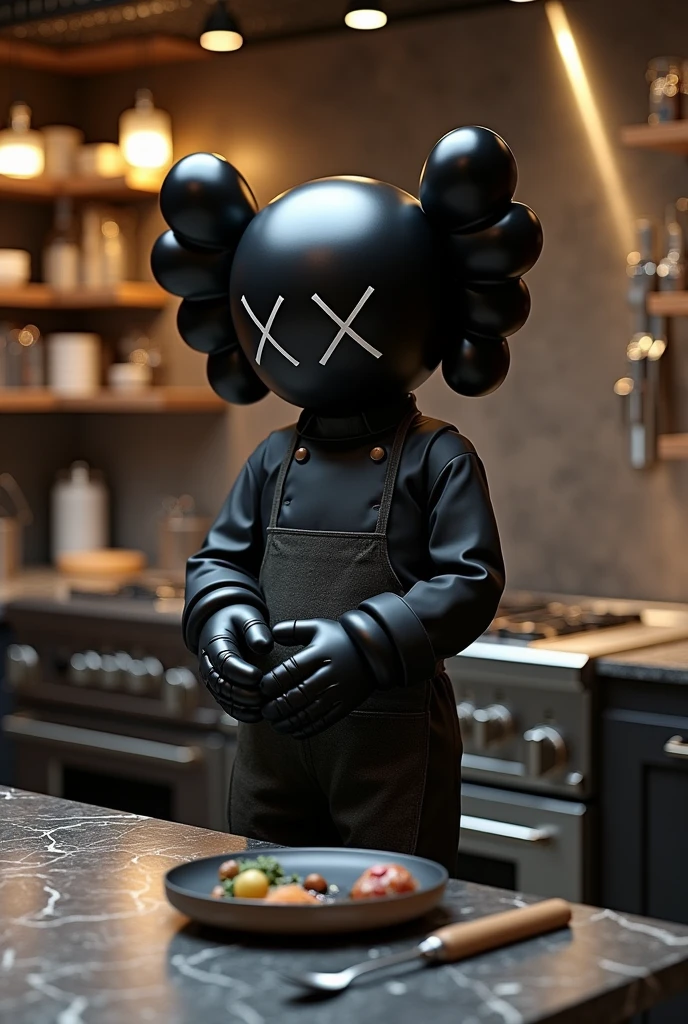Create a very hyper realistic black kaws in luxury kichan kaws work as a chief