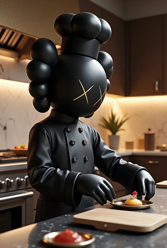 Create a very hyper realistic black kaws in luxury kichan kaws work as a chief 