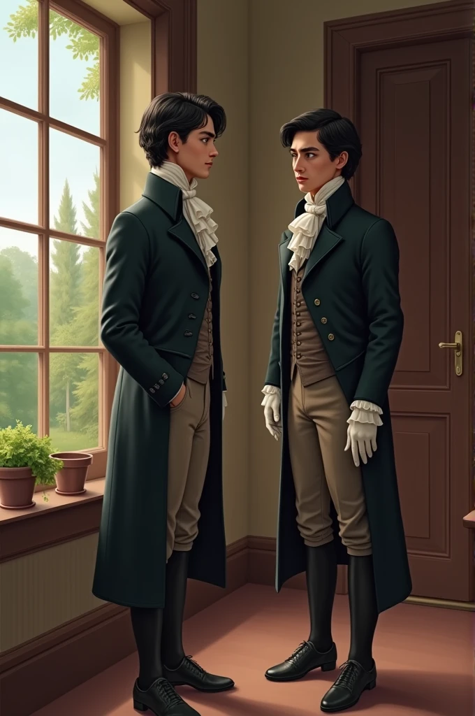 Two twin brothers with black hair and eyes, talking in a room, one next to the window and the other next to the door. Both dresses from the year 1824